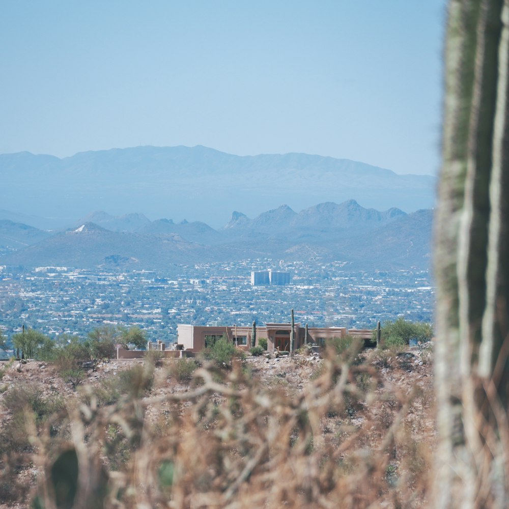 a view of a city from a distance with mountains in the background