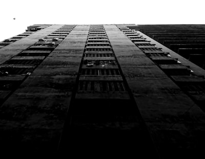 A black and white photograph of a tall residential building taken from a low angle, emphasizing its height and structure. The stark contrast highlights the windows and balconies. A lone bird is visible flying in the overcast sky, adding a sense of scale and dynamism to the otherwise static scene.