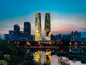 A modern cityscape at dusk, reflecting the blend of simplicity and energy Alok appreciates.