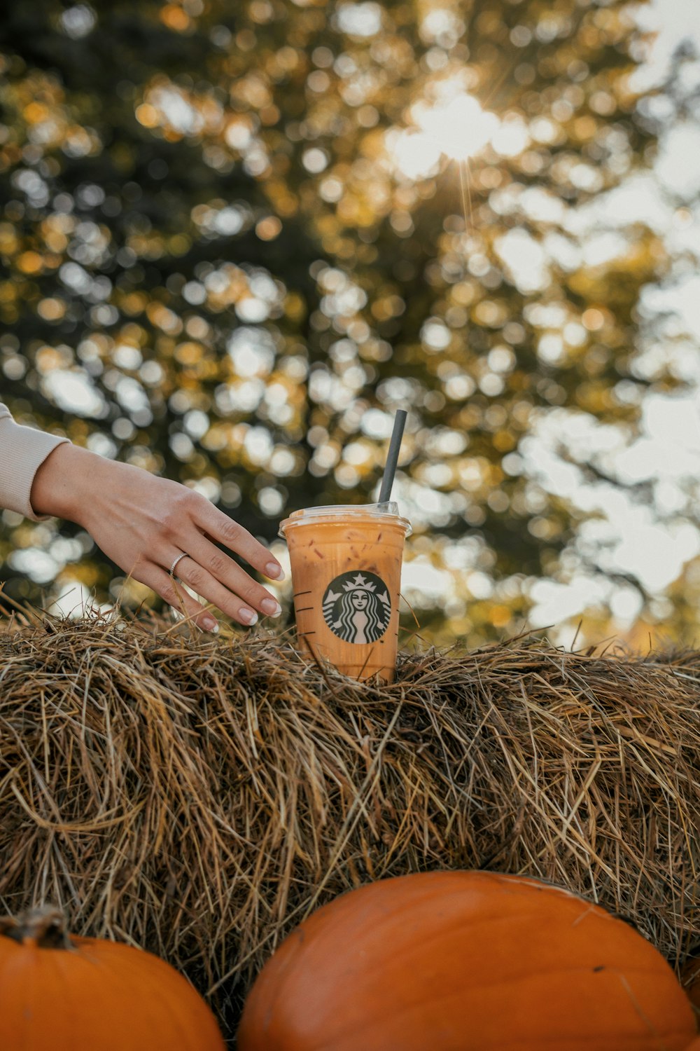 a starbucks drink sitting on top of a pile of hay