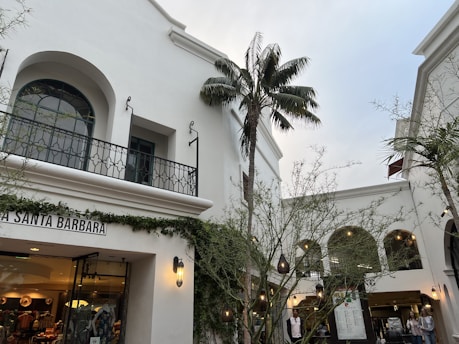 An outdoor shopping area featuring white stucco buildings with arched windows and decorative iron railings. A tall palm tree stands prominently in the center, surrounded by greenery and string lights. The area appears lively, with people visible in the background.