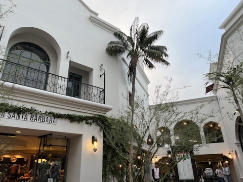An outdoor shopping area featuring white stucco buildings with arched windows and decorative iron railings. A tall palm tree stands prominently in the center, surrounded by greenery and string lights. The area appears lively, with people visible in the background.