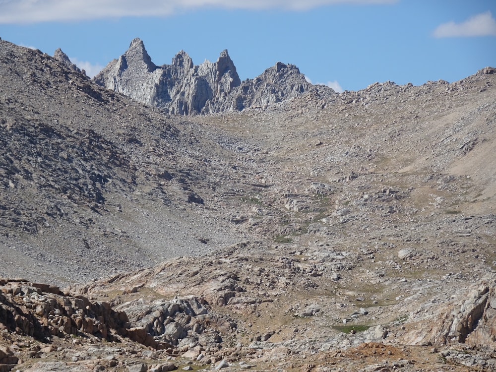 a mountain range with rocks and grass in the foreground