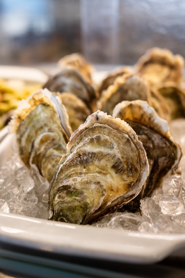 Close-up of fresh oysters and mussels artfully arranged on crushed ice at a seafood market.