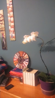 A wooden table features a collection of books, a colorful clock, a smartphone, and a television remote. A purple potted orchid plant with white flowers is placed on the right side. Two pieces of artwork hang on a blue wall above the table.