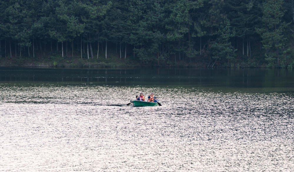 a couple of people in a small boat on a lake