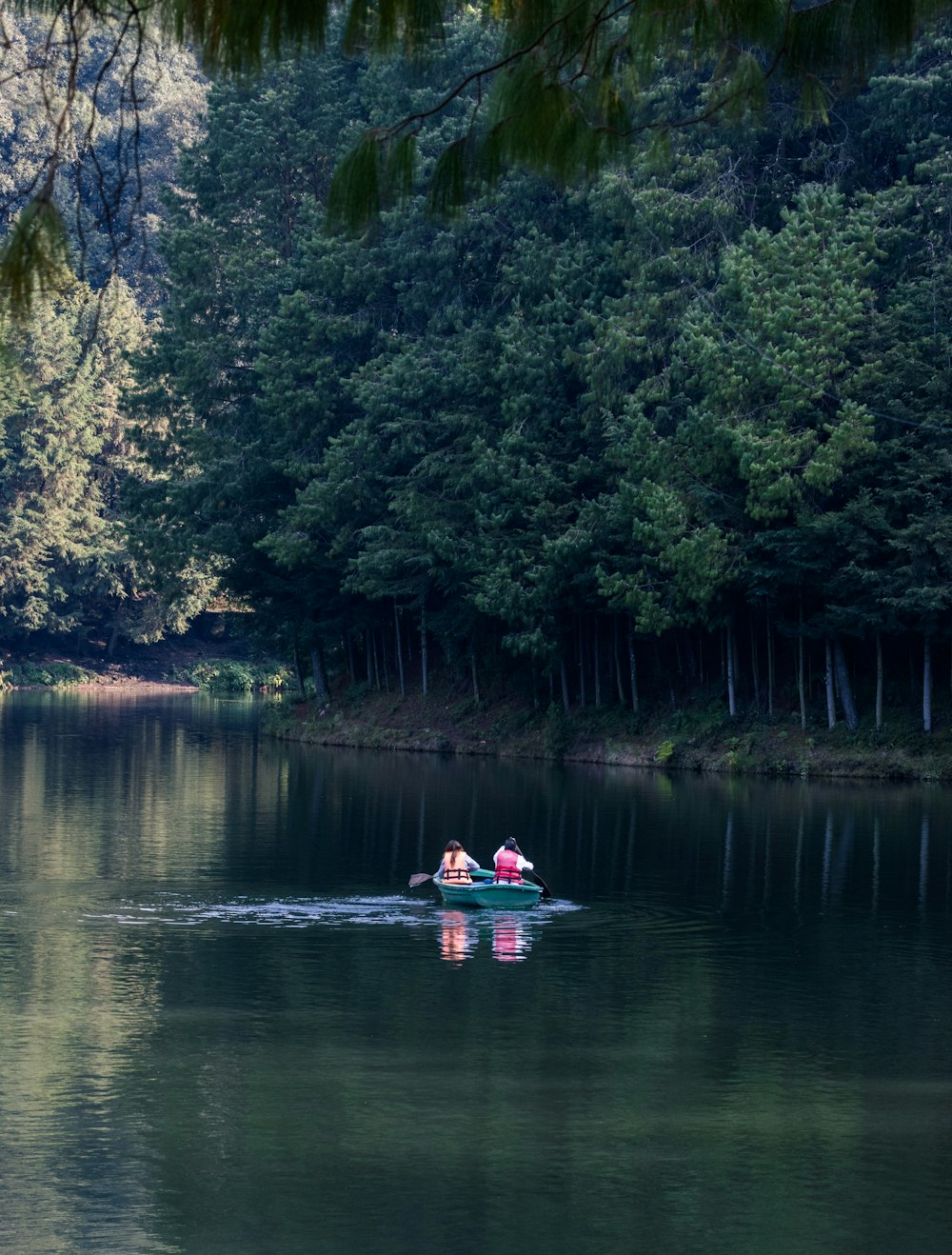 two people in a small boat on a lake