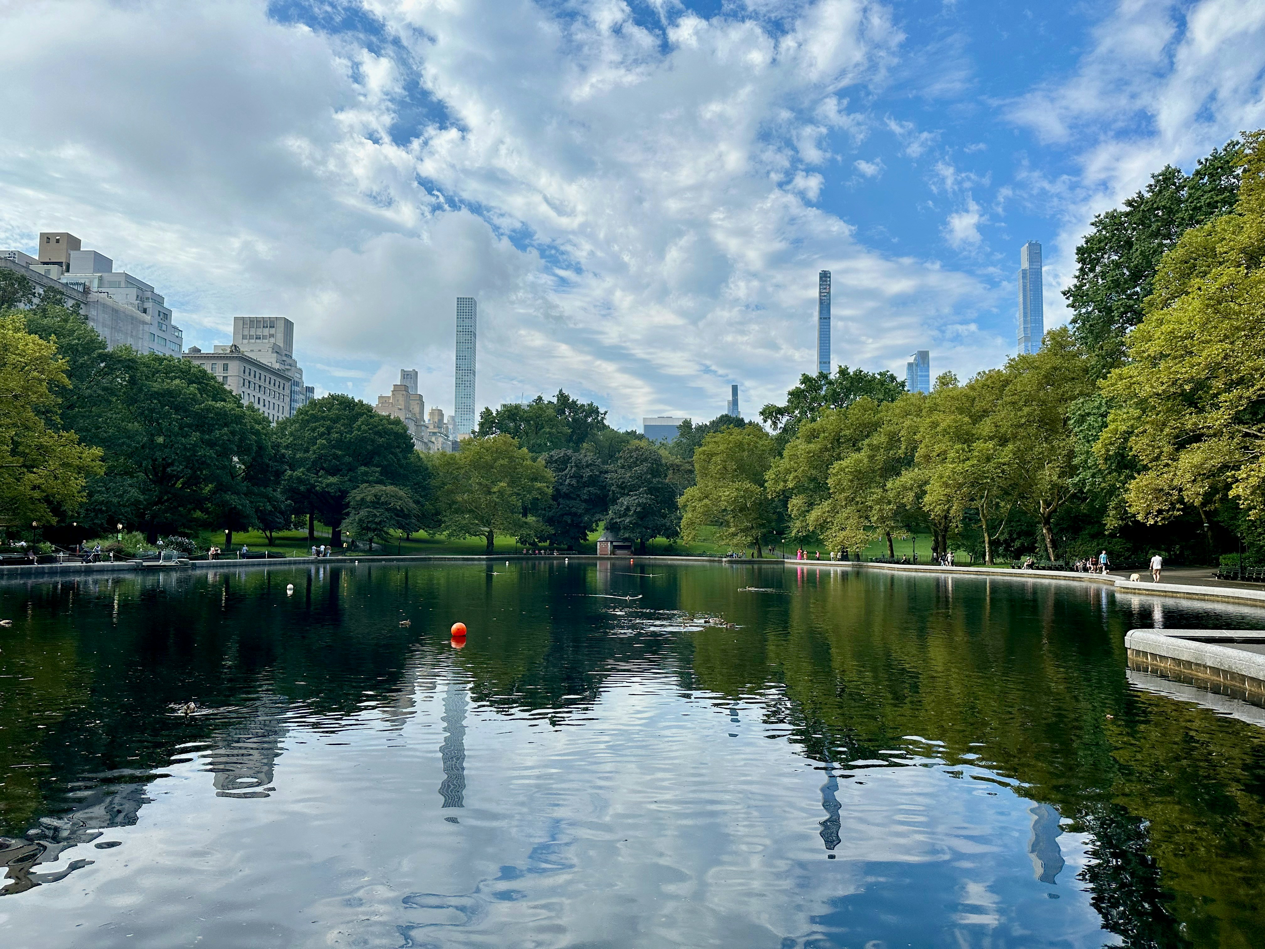 a body of water surrounded by trees and buildings, Central Park, New York