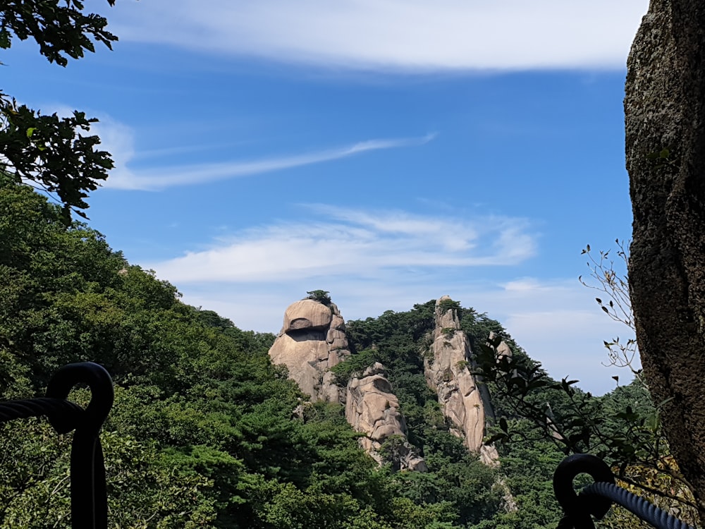 a view of a mountain with a rock formation in the background