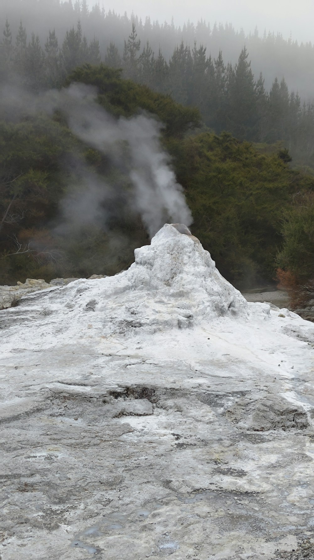 steam rises from a hot spring in the mountains