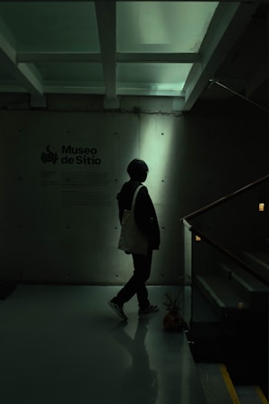 A person stands in a dimly lit space next to a wall with text indicating 'Museo de Sitio'. The environment appears modern and minimalist, with overhead beams and a reflective floor. The lighting casts a silhouette of the person, creating a shadowy effect.