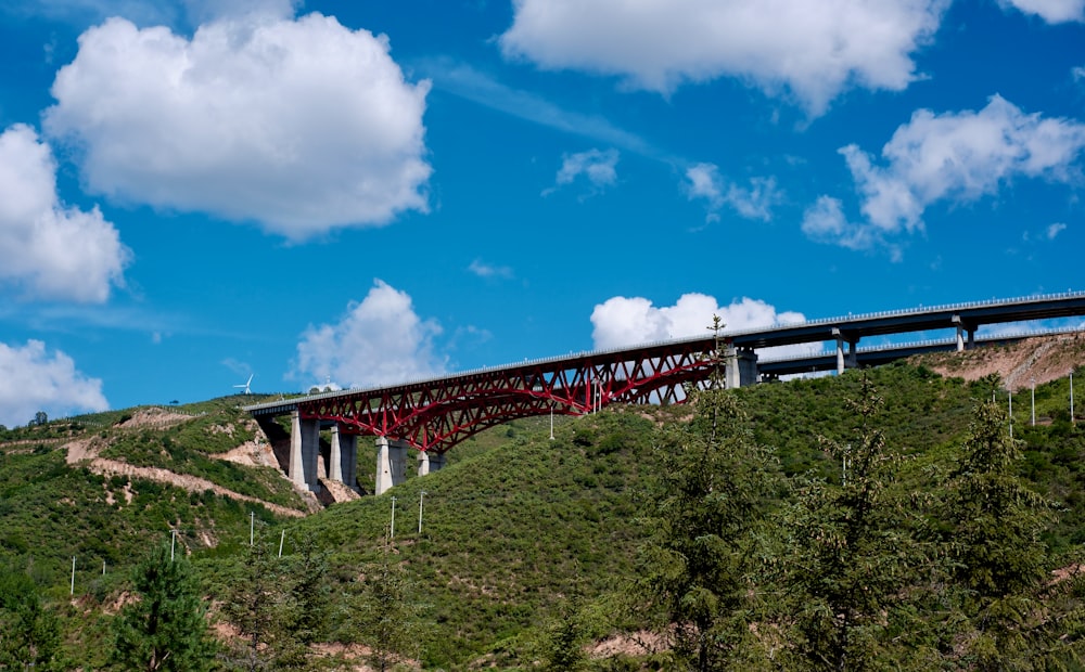 a train traveling over a bridge over a lush green hillside