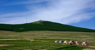 A rural landscape with vast green fields extending towards a hill, topped with wind turbines. A row of colorful houses, painted in shades of pink, blue, yellow, and beige, stands at the forefront of the fields. The sky is blue with a few wispy clouds above.