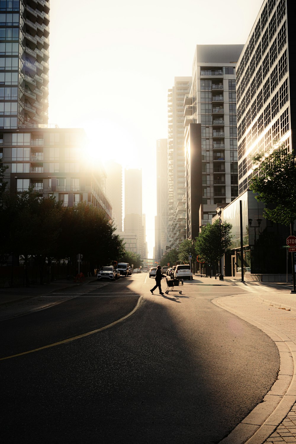 a person walking down a street next to tall buildings