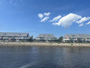 A row of sleek park homes nestled among greenery with the ocean visible in the distance