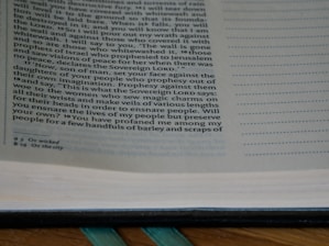 A close-up of a page from an open book, containing text with a religious theme. The text is printed in a serif font and includes numbered verses. The page has annotations or footnotes at the bottom.