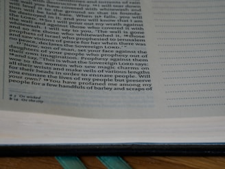 A close-up of a page from an open book, containing text with a religious theme. The text is printed in a serif font and includes numbered verses. The page has annotations or footnotes at the bottom.
