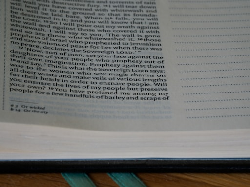 A close-up of a page from an open book, containing text with a religious theme. The text is printed in a serif font and includes numbered verses. The page has annotations or footnotes at the bottom.