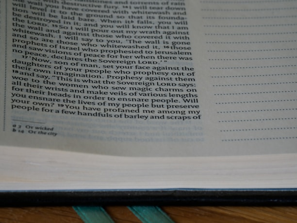 A close-up of a page from an open book, containing text with a religious theme. The text is printed in a serif font and includes numbered verses. The page has annotations or footnotes at the bottom.