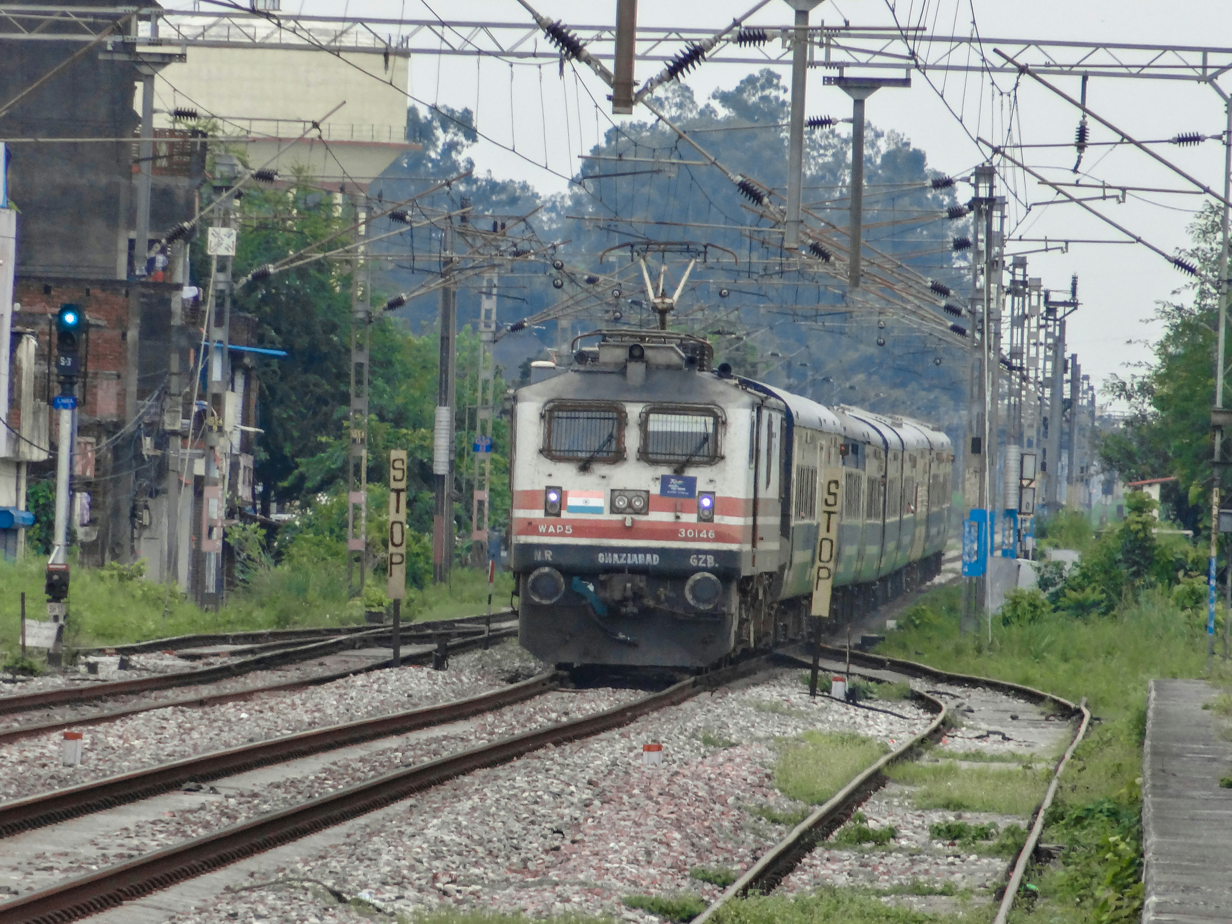 A train traveling down train tracks next to a forest photo – Free ...