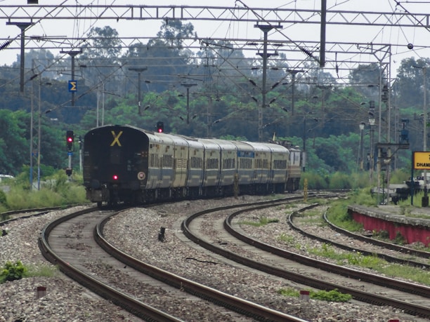 A long passenger train is moving along curved railway tracks surrounded by lush green vegetation. Overhead, multiple cables and electric lines stretch across the scene, indicating electrified railway lines. The environment is open, with trees in the distance and a slightly cloudy sky. A train signal light can be seen, and a station sign with some text is partially visible on the right.