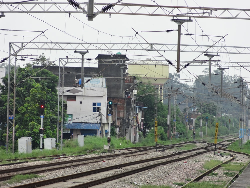 a train track running through a small town