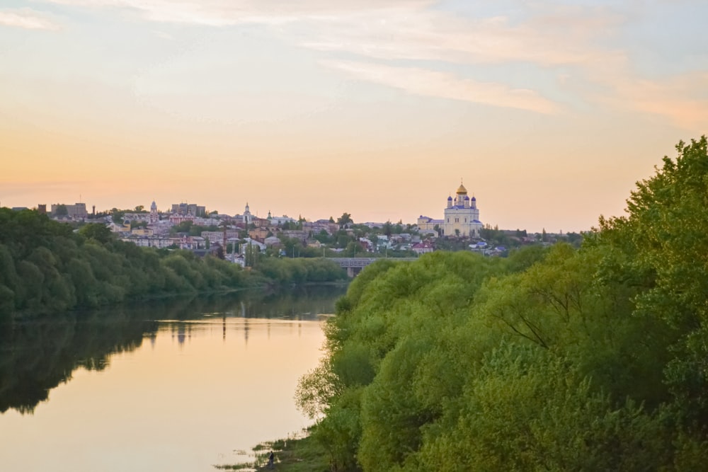 a body of water surrounded by trees and a city