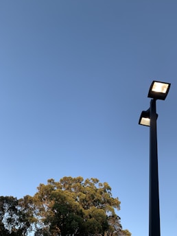 A tall streetlamp illuminated with bright lights stands against a clear blue sky. Below the streetlamp, lush green trees are visible, basking in the natural light.