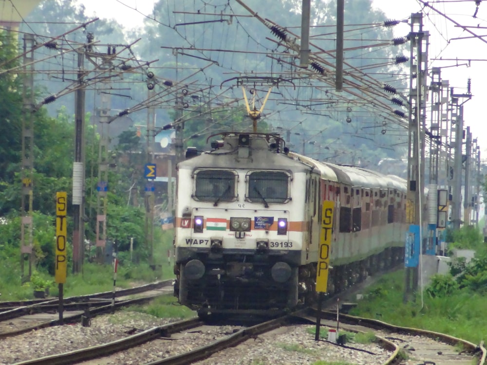 a train traveling down train tracks next to a forest