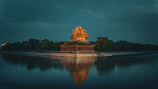 Meditation pavilion glowing softly under moonlight, surrounded by dense jungle and calm water.
