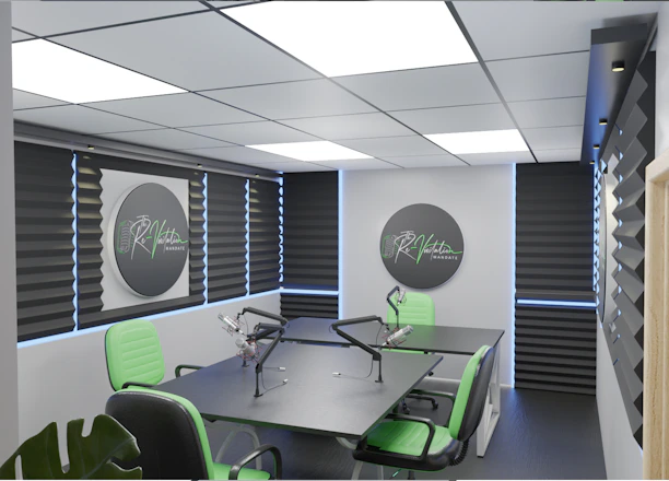 A modern podcast studio with professional microphone setups on a table surrounded by green and black office chairs. The room has acoustic foam on the walls for soundproofing and large square ceiling lights. The walls are predominantly adorned with decorative panels and some branding elements.
