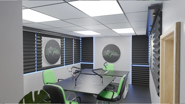 A modern podcast studio setup with microphones, sound waves graphics, and sleek audio equipment bathed in ambient lighting.