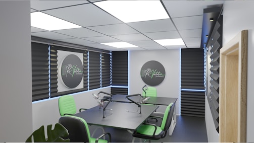 A modern podcast studio filled with vibrant neon lights and advanced recording equipment.