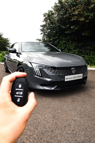 A sleek gray hybrid car, identifiable by the badge and model name on the front, is parked on a road. A hand holding a car key fob is visible in the foreground, indicating an interaction with the vehicle. The background features lush green foliage, providing a contrasting backdrop to the car's modern design.
