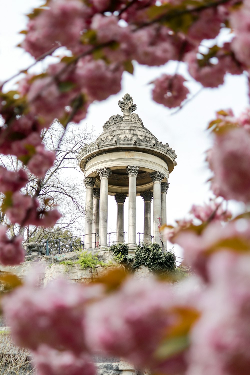 a gazebo surrounded by pink flowers in a park