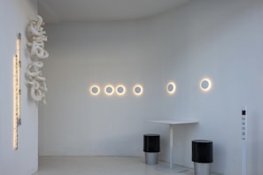 Minimalist modern room with black translucent background and subtle purple highlights