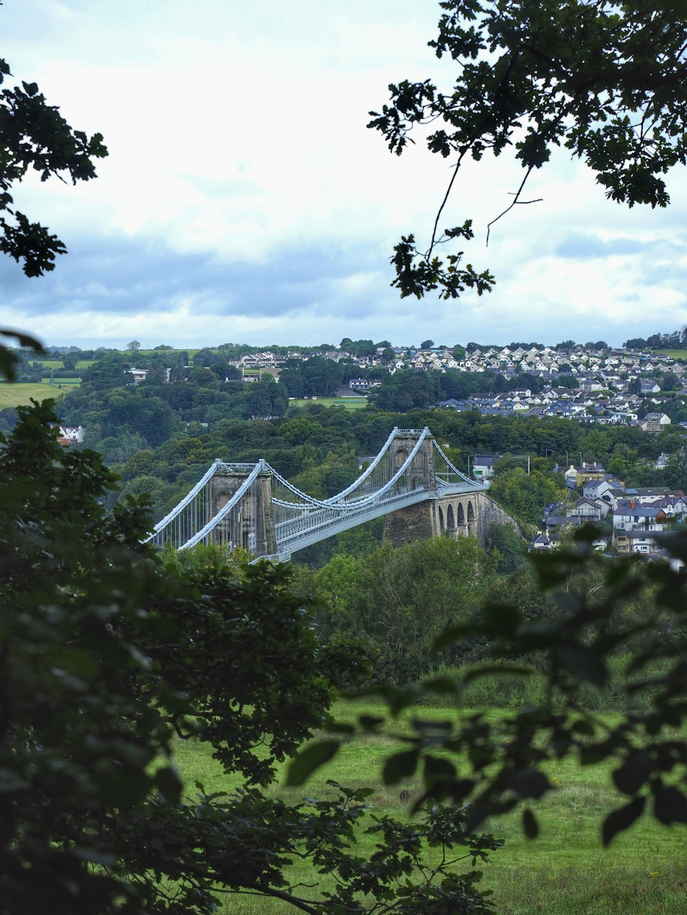 a view of a bridge through some trees