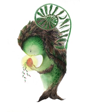 A whimsical creature from the enchanted forest peeking out from behind twisted vines.