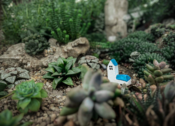 A whimsical planter shaped like a tiny house, painted white with green vines growing from its chimney.