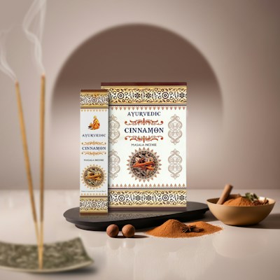 Boxes of Ayurvedic cinnamon masala incense are artfully displayed with intricate patterns and a central image of cinnamon sticks. Nearby, incense sticks emit gentle smoke, while bowls of ground cinnamon and loose sticks are arranged alongside nutmeg and star anise, set against a soft, neutral background.
