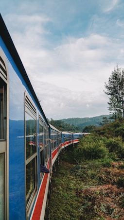 A passenger train travels through a lush, green landscape under a partly cloudy sky. The train is blue with red and white details, and its carriages curve into the distance. Tall trees and dense vegetation surround the railway track.