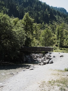 A serene European mountain valley with a wooden footbridge crossing a clear bubbling stream under lush greenery.