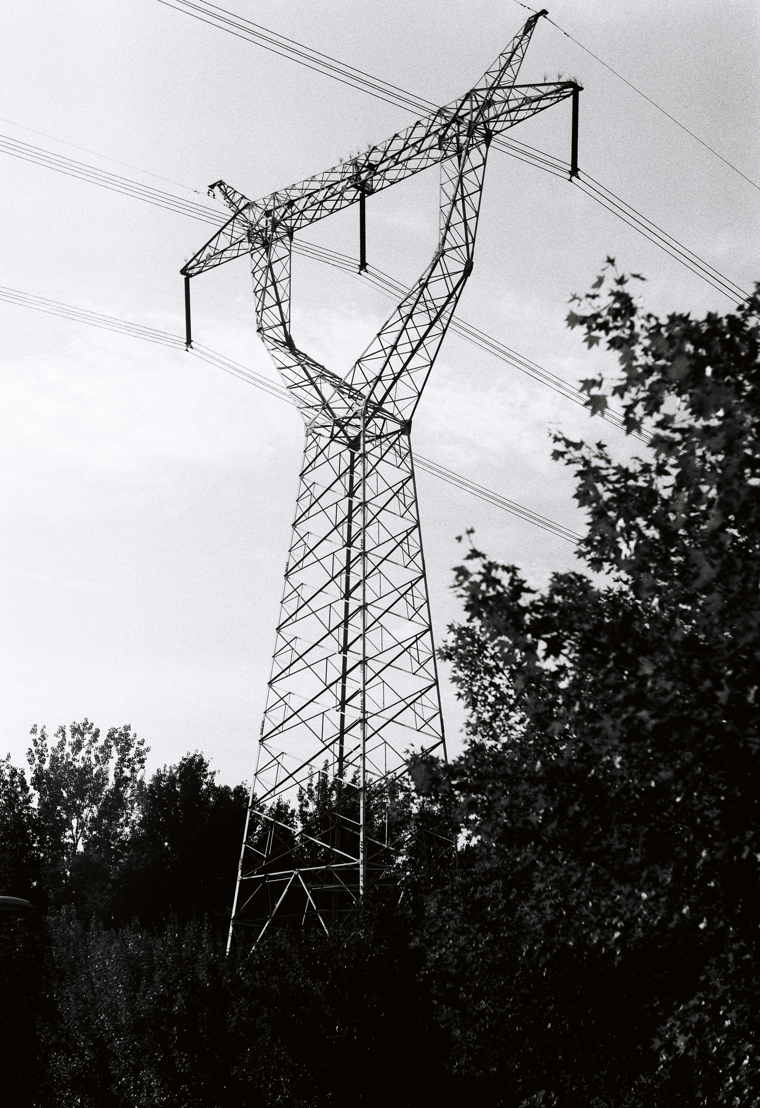 a black and white photo of a high voltage power line