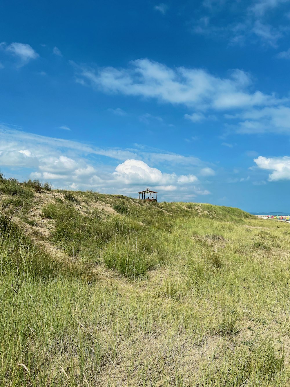 a grassy hill with a wooden structure in the distance