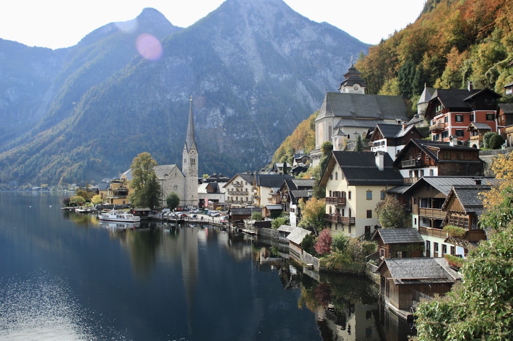 a lake surrounded by mountains and houses