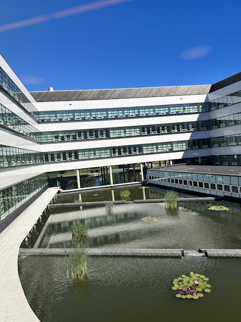 A modern architectural building surrounded by a water feature with lily pads and green plants. The building has a white facade with horizontal lines of windows. The sky is clear and blue, enhancing the contemporary appearance of the structure.