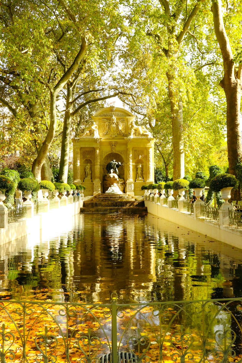 a pond with a fountain surrounded by trees