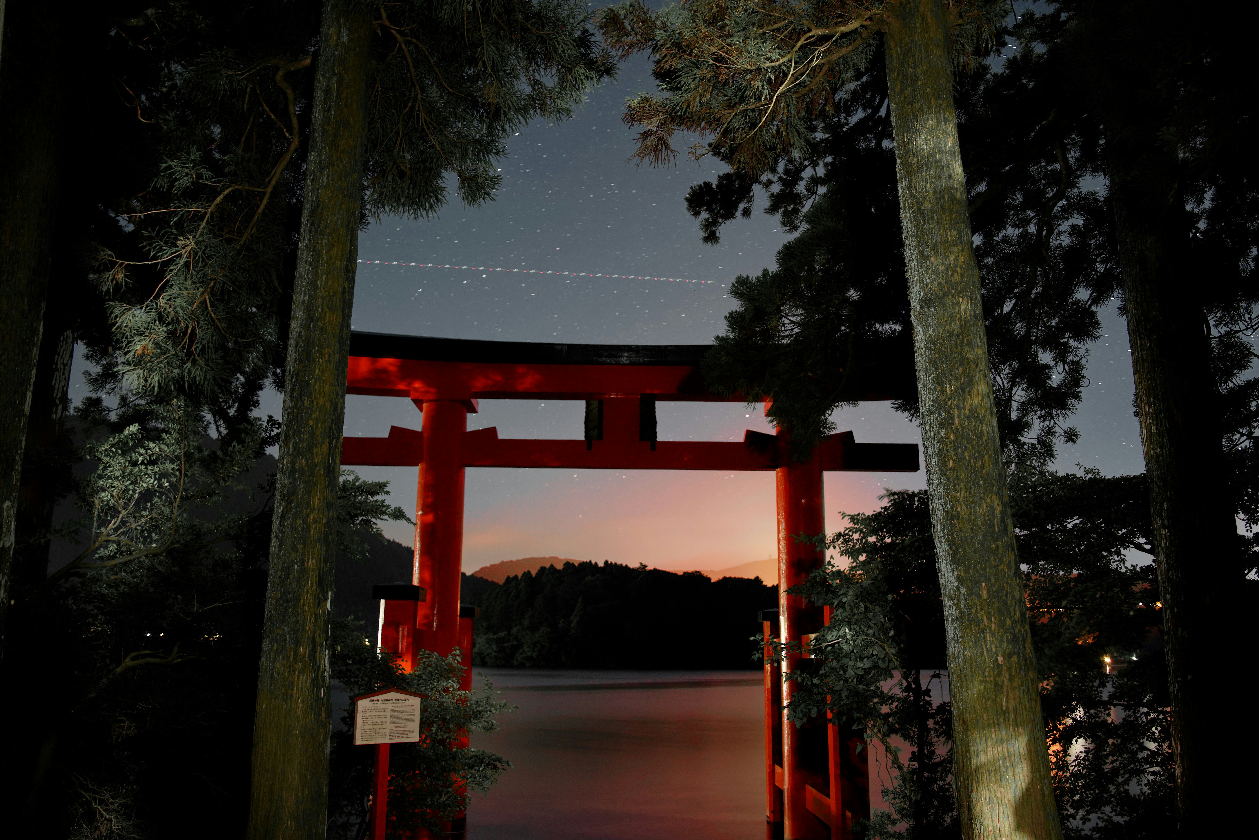 Hakone Shrine torii gate in Lake Ashi winter, people walking old Tokaido Road Hakone
