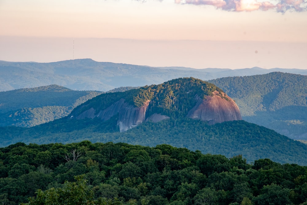 a view of a mountain range with trees in the foreground