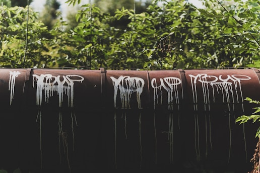 A rusted cylindrical pipe is covered in white graffiti with stylized text. The background is filled with lush green foliage, suggesting an overgrown or abandoned setting.